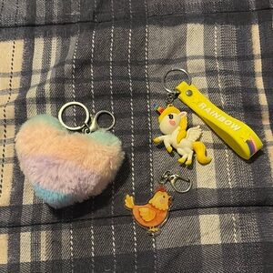 Rainbow Pink and Blue Small keychain, unicorn keychain, and chicken keychain.